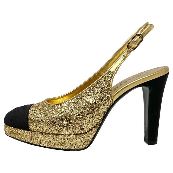 Chanel 2021 Slingback Gold Glitter Platform Cap Toe Pumps – Size 38 - Picture 1 of 10